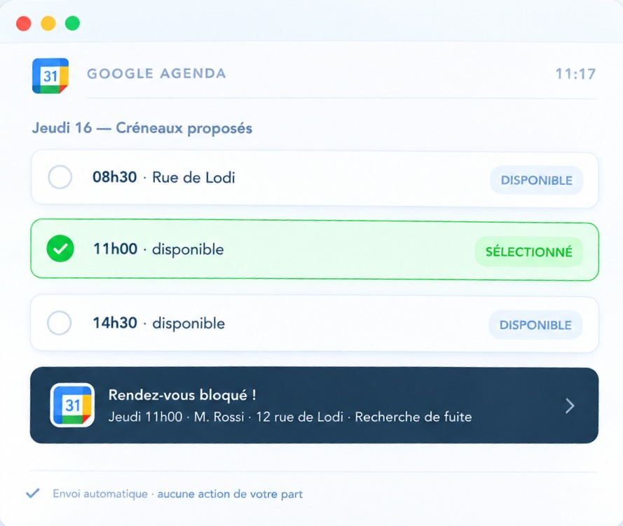 Créneaux proposés dans l'agenda et rendez-vous bloqué