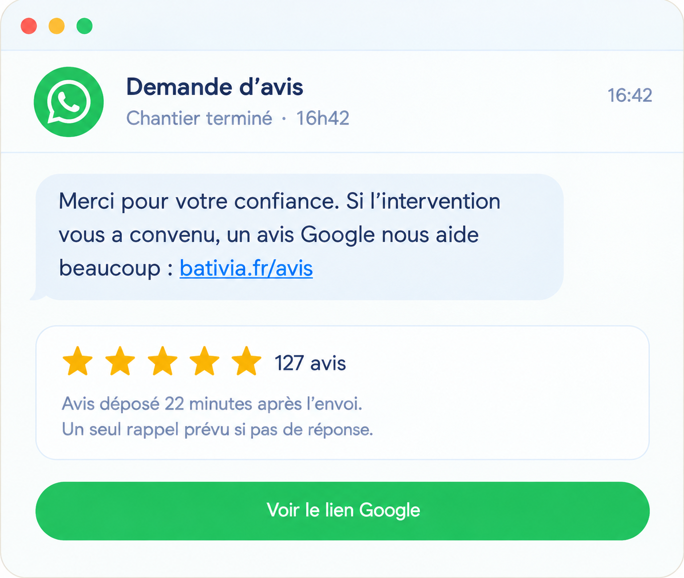 Demande d'avis envoyée après un chantier terminé