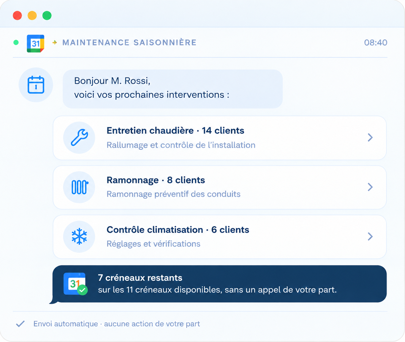 Rappels de maintenance saisonnière par client