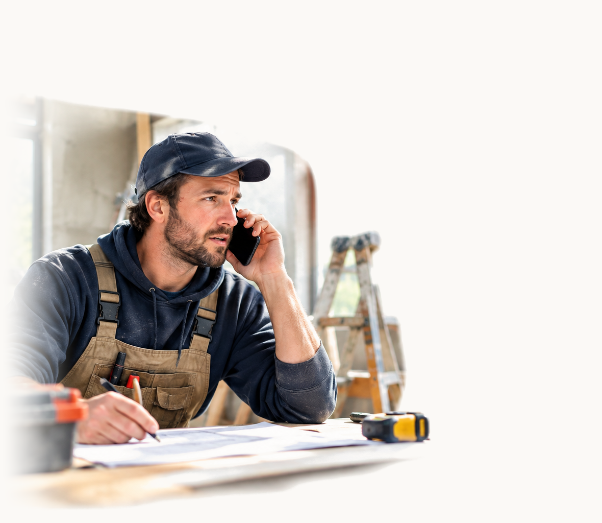 Artisan au téléphone sur un chantier, au milieu d'une intervention